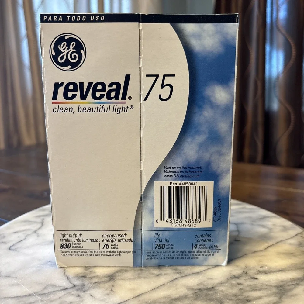 GE Reveal 75 Watt Light Bulbs Pack Of 4 Bulbs New In Box